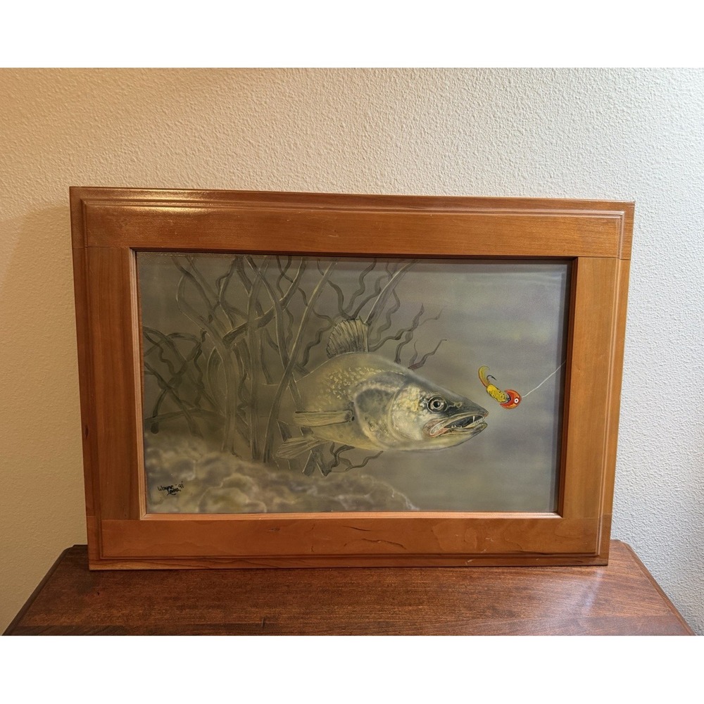 Wayne Lama Signed Fish & Lure Oil Painting on Canvas, Framed, 1991, Realism